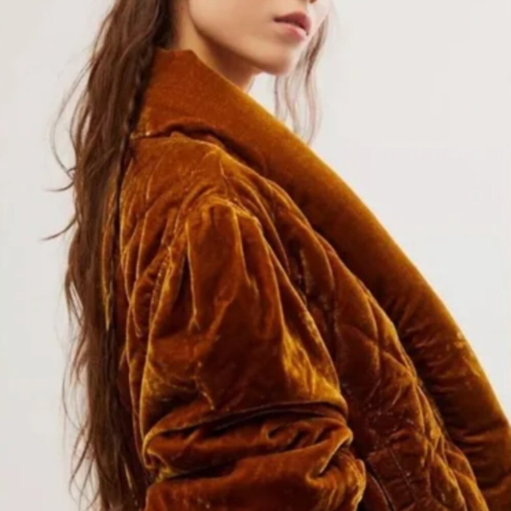 Free People Good Game Bomber Jacket Velvet Quilted Topaz Gold S NWOT